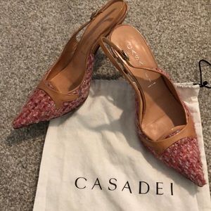 Tweed peach and pink kitten heel pumps